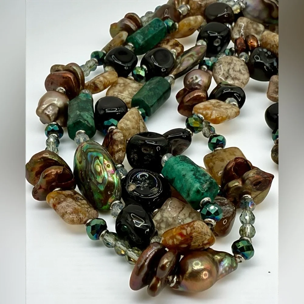Three-Strand Multi-Gemstone Flameball Pearl Shell & Crystal Necklace 18” 20” 22” - Picture 16 of 17